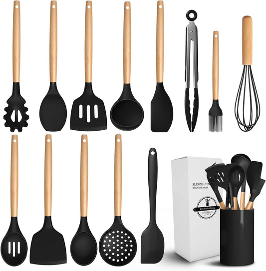 12 Pcs Purple Kitchen Utensils Set with Holder for Nonstick Cookware - Silicone Cooking Utensils Set, Kitchen Tools for Daily Cooking - Wooden Handle Cooking Tools for Baking Serving and Mixing Tasks