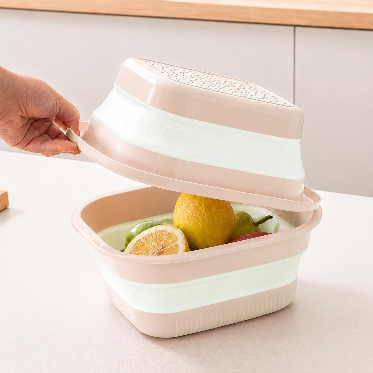 Collapsible Colander & Wash Basin Set, 2-in-1 Foldable Dishpan with Drain Holes, Space-Saving Kitchen Sink Tub for Washing Fruits, Vegetables, Meal Prep & Kitchen Use (Pink)