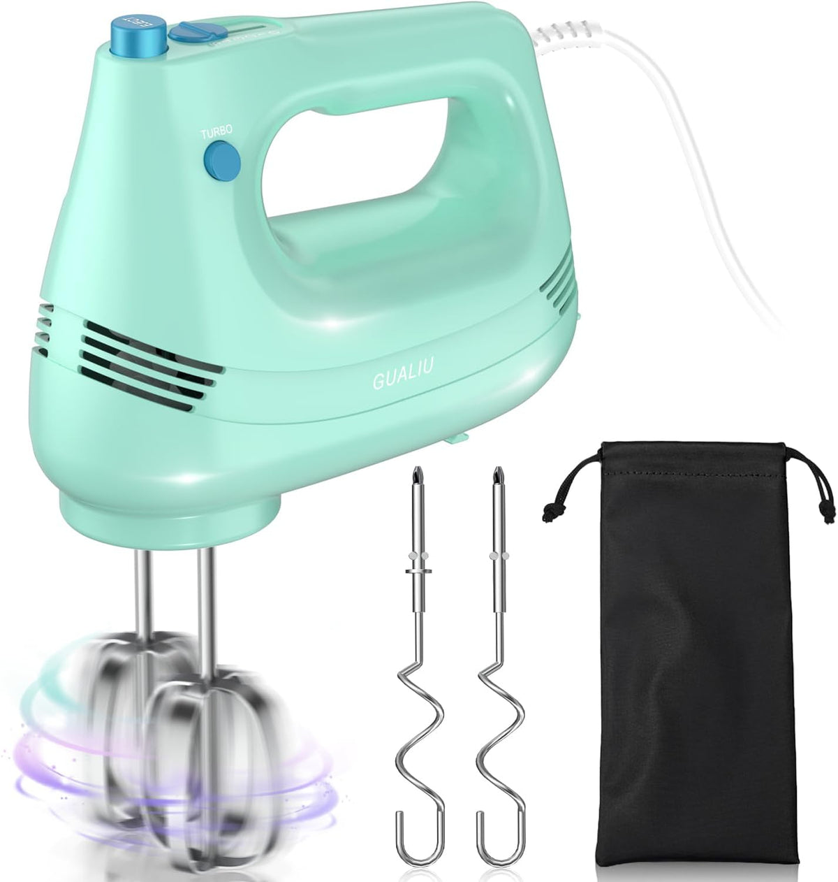 GUALIU Electric Hand Mixer, 304*(2* Beaters, 2* Dough Hooks), (1* Storage Bag) Handheld Mixer for Baking Cakes, Eggs, Cream Food Mixers, Turbo Boost /5 Speed Kitchen Blender PINK