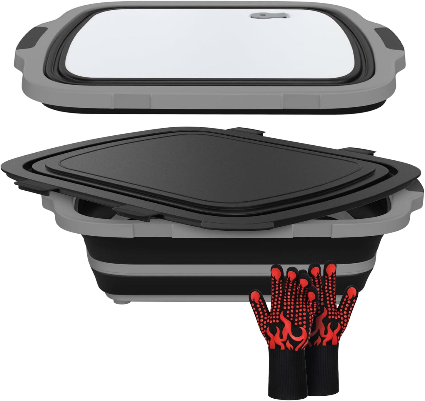 XL Collapsible BBQ Prep Tub with Cutting Board & Drain Plug – Portable Food Prep Station for Kitchen, Camping & Grill – Dishwasher Safe, Space-Saving Design – Heat-Resistant Glove Included (Black)