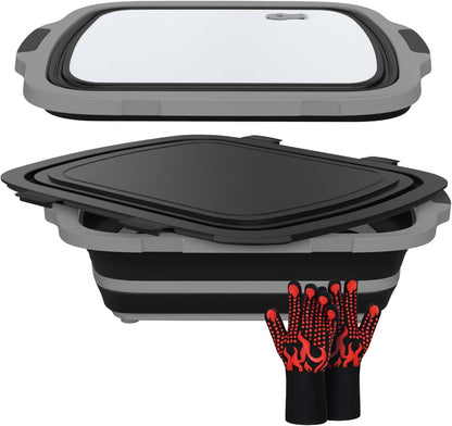 XL Collapsible BBQ Prep Tub with Cutting Board & Drain Plug – Portable Food Prep Station for Kitchen, Camping & Grill – Dishwasher Safe, Space-Saving Design – Heat-Resistant Glove Included (Black)