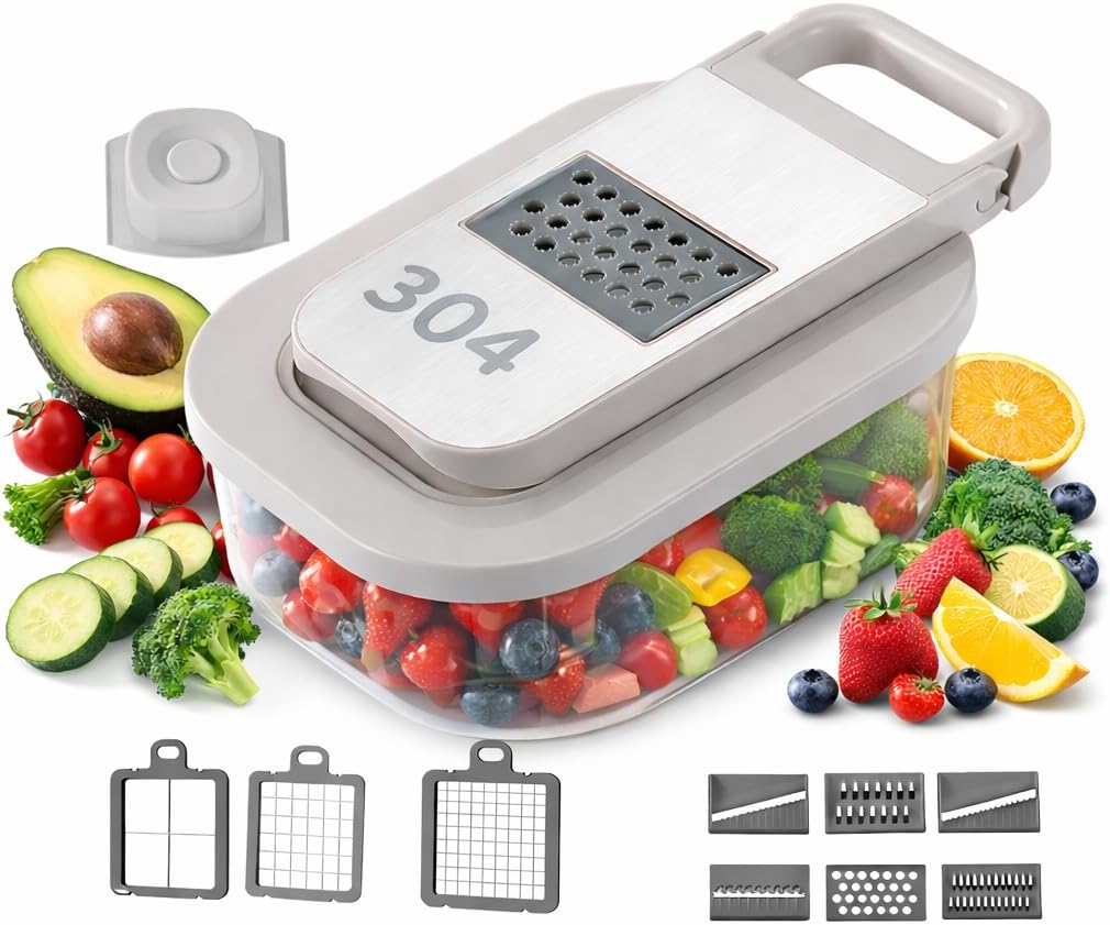 Vegetable Chopper, Stainless Steel Food Dicer and Mandoline Slicer with Drain Holes and Storage Container, Dishwasher Safe Food Chopper for Onion, Potato, Cucumber, Carrot and More