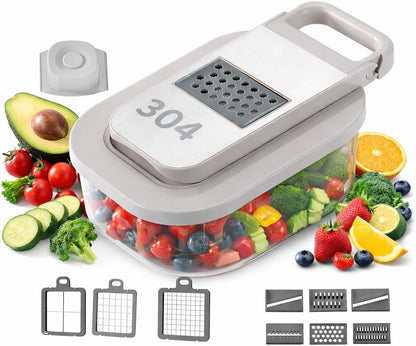 Vegetable Chopper, Stainless Steel Food Dicer and Mandoline Slicer with Drain Holes and Storage Container, Dishwasher Safe Food Chopper for Onion, Potato, Cucumber, Carrot and More