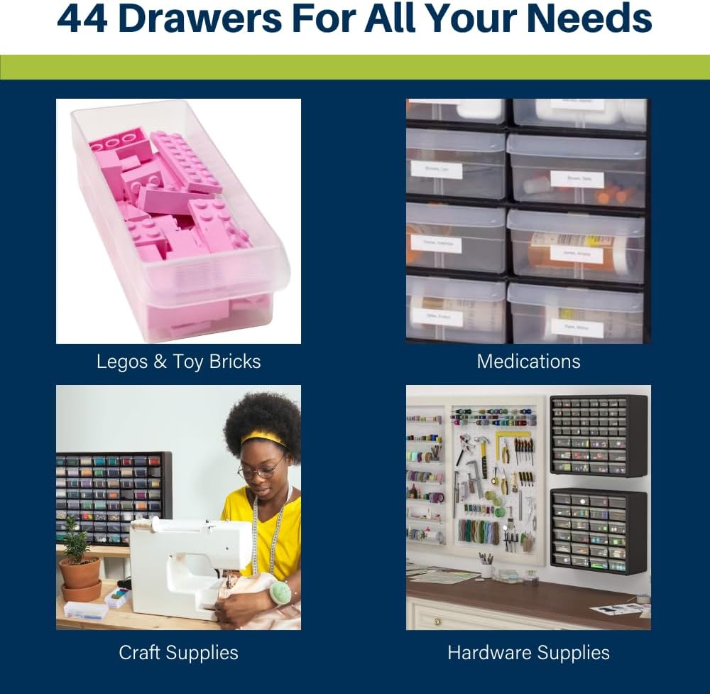 Akro-Mils 44-Drawer Plastic Drawer Storage Cabinet for Garage Organization, Bead Organizer, Building Bricks Storage, Teacher Toolbox, Makeup Organizer, 20" W x 6" D x 16" H, 10144 Black