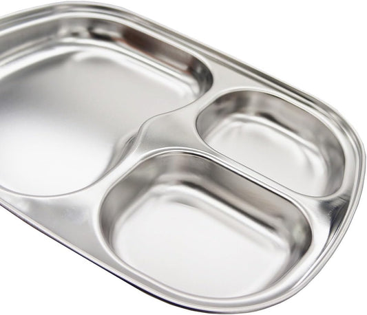 Korean Stainless Steel Divided Plates for Adults, Teens, Premium 304, Electro-Polished, No Black Residue, BPA-Free, Large 5-Compartment Food Tray, Diet Portion Control, Camping, Set of 2