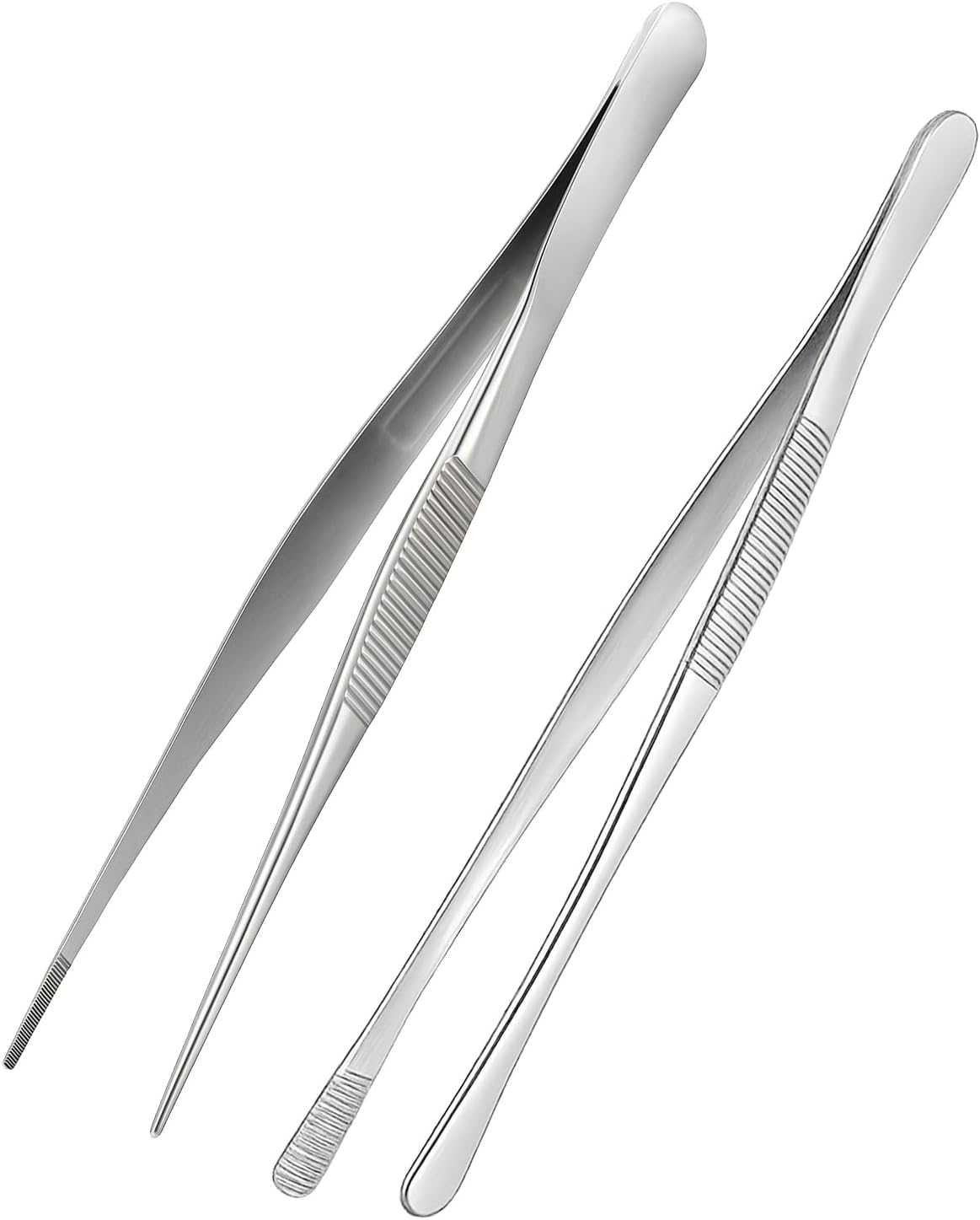 12-inch Stainless Steel Cooking Tongs & Tweezers, Non-Slip Grip & Serrated Tips for Grilling, Baking, Garnishing, BBQ, Kitchen & Craft Use (Round Tip)