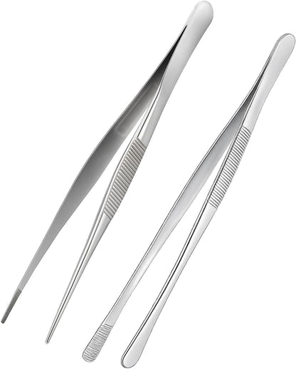 12-inch Stainless Steel Cooking Tongs & Tweezers, Non-Slip Grip & Serrated Tips for Grilling, Baking, Garnishing, BBQ, Kitchen & Craft Use (Round Tip)