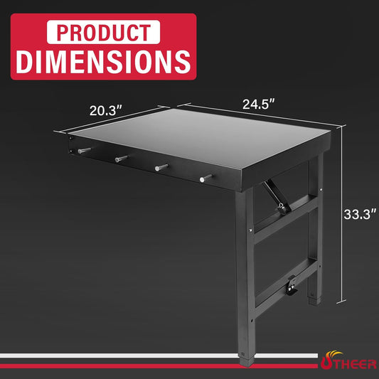 Utheer Folding Side Shelf for Traeger Woodridge Pro/Plus/Elite & Ironwood/Ironwood XL, 24.5" × 20.3" Large BBQ Side Table with 4 Hooks, Foldable Grill Prep Station