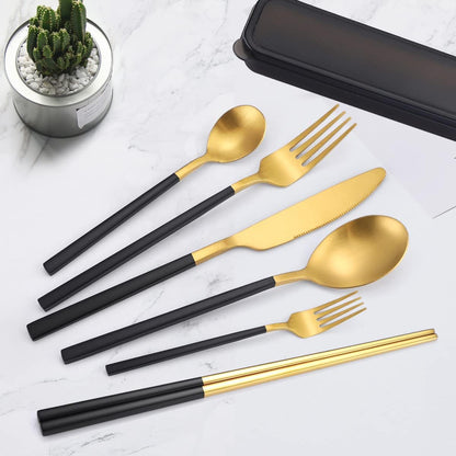 AARAINBOW 6 Pieces 18/8 Stainless Steel Flatware Set Portable Reusable Cutlery Set Travel Utensils Set Including Chopsticks Knife Fork Spoon Straws Cleaning Brush Dishwasher Safe (Green golden)