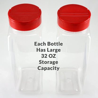 Skyway Supreme Large 32 OZ Plastic Spice Bottles Containers - Flap Cap Pour and Sifter Spice Shaker Jars - Refillable Perfect For Storing and Dispensing Seasonings Herbs Rubs - BPA Free - Set of 2