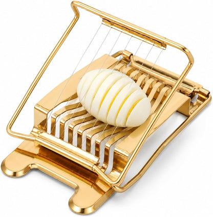 Stainless Steel Egg Slicer for Hard Boiled Eggs: Luxury Golden Metal strawberry Cutter Tool - Heavy Duty Strawberry Slicer & Mushroom Fruit Chopper Kitchen Gadget, Dishwasher Safe, 5.50"x3.65"