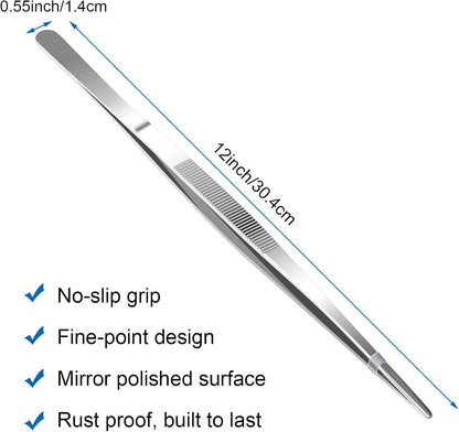 AHIER Kitchen tweezer Stainless Steel, 8inch Long tweezer with Precision Serrated Tips for Cooking Pincette for Sea food, Bar Tweezer