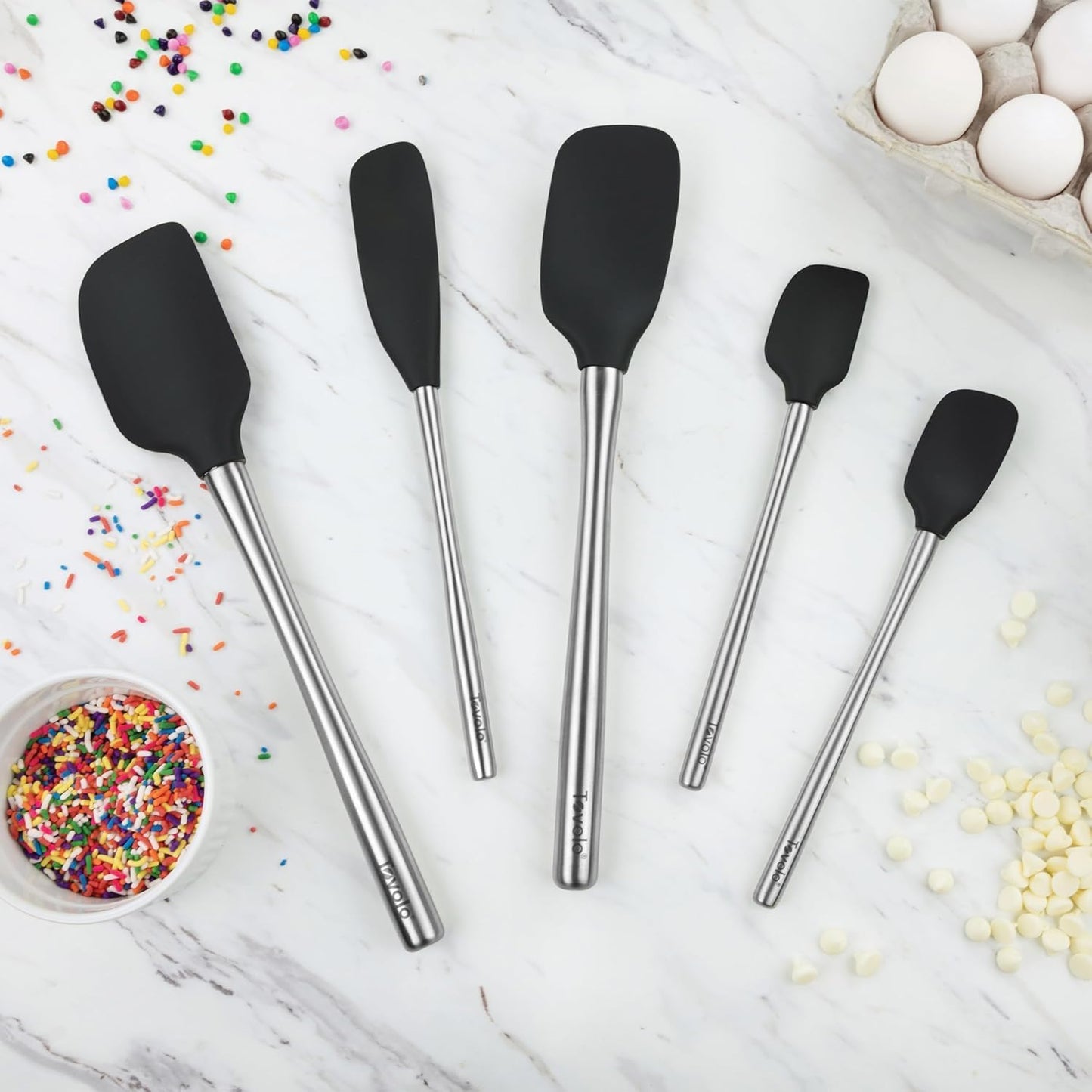 Tovolo Flex Core 5 Piece Silicone Spatula Set Heat Resistant All Silicone Utensils Include Non Stick Spatula Spoonula Jar Scraper, Dishwasher Safe BPA Free Spatulas for Baking Mixing, White