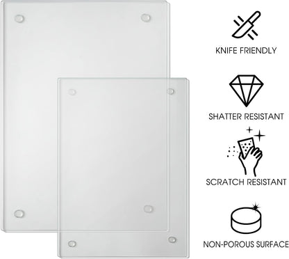 JAMBALAY Tempered Glass Cutting Boards for Kitchen, Clear Glass Cutting Board Set, 12"x16" & 8"x12" Cutting Boards with Non Slip Foot, Heat and Scratch Resistant, Shatterproof