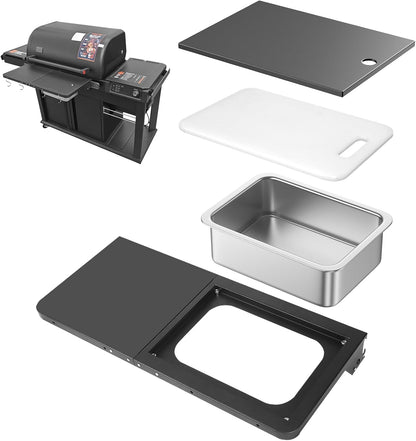 Upgraded Grill Table for Weber Kettle 22"/18"/26", Master Touch 22", Smokey Mountain, Recteq Pellet Grill RT-B380, Prep Station with Cutting Board, Basin, 4 Hooks, Shelf for Weber Kettle Accessories