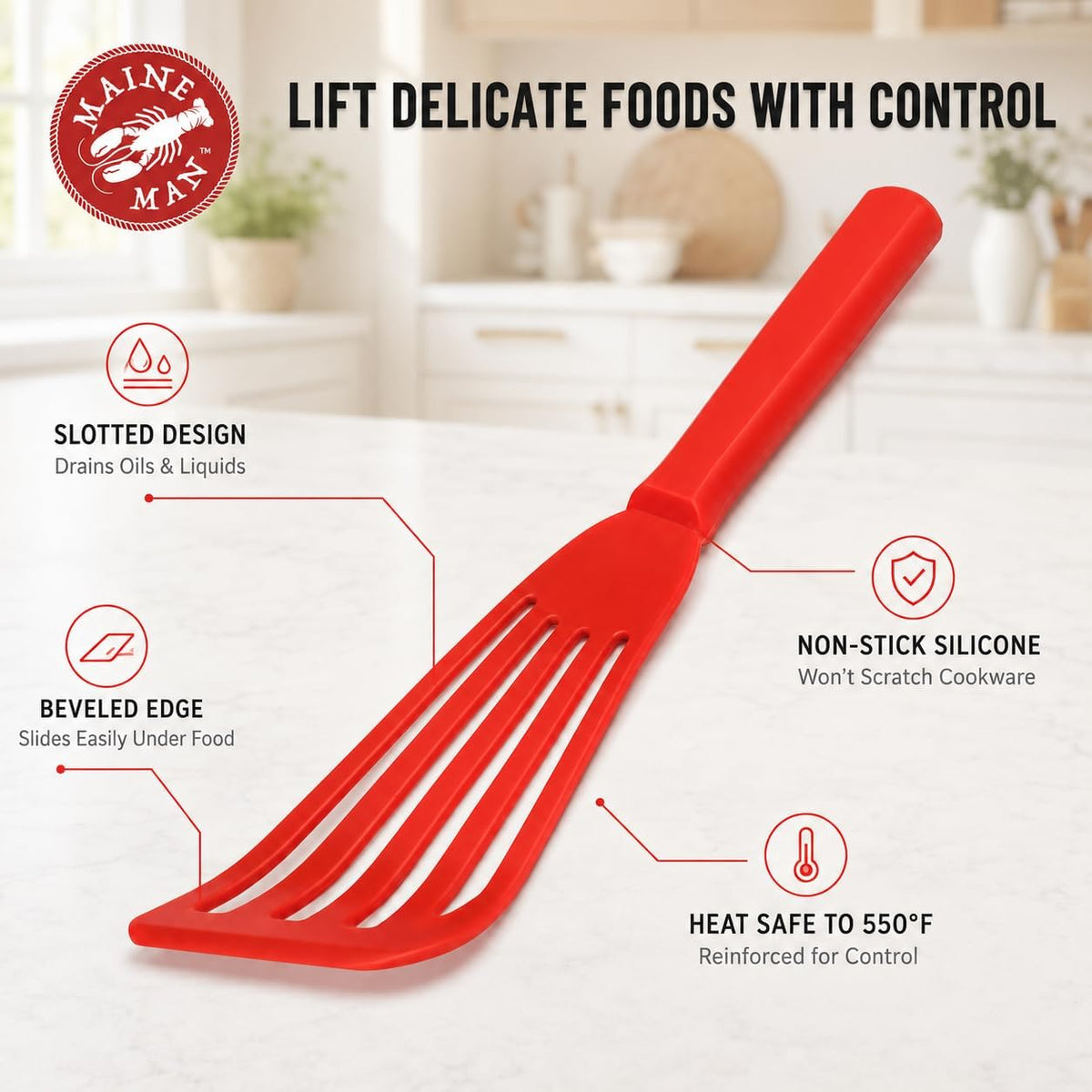 Maine Man Silicone Fish Spatula, Non-Stick Angled Turner, For Delicate Foods, Draining Liquids, And Everyday Cooking