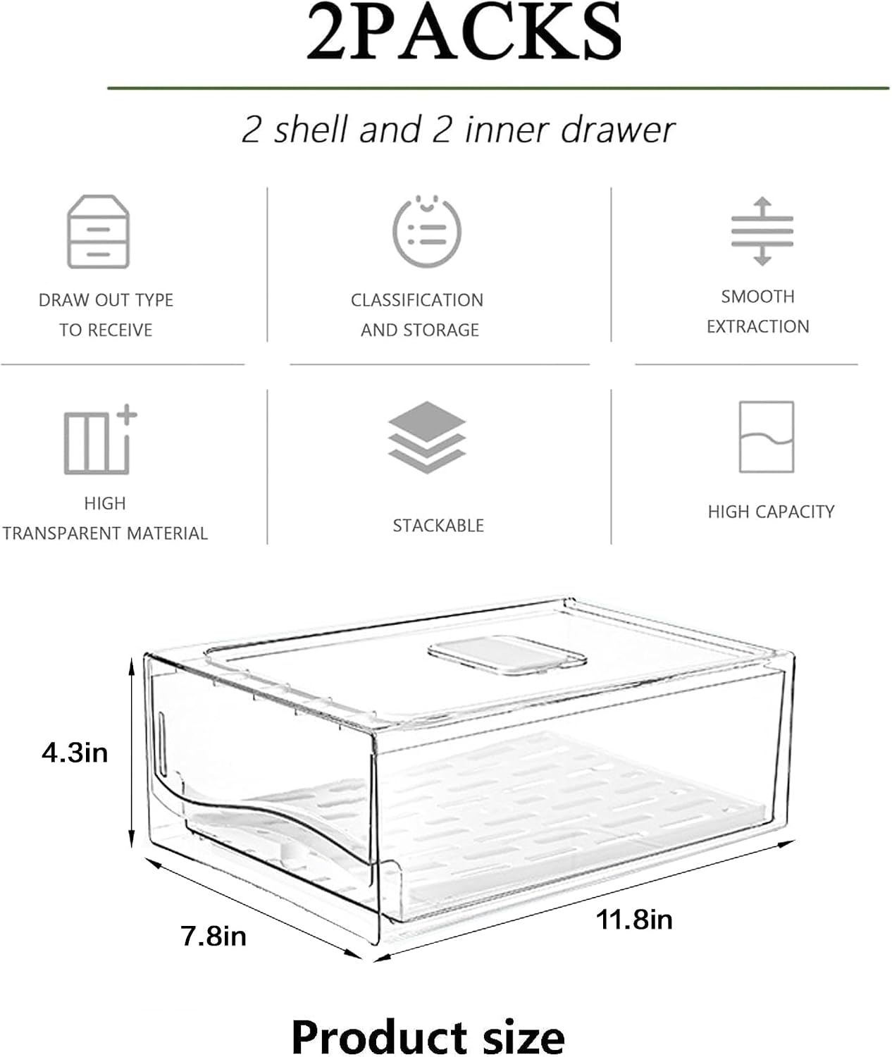 bealy 2 Pack Refrigerator Organizers and Storage, Stackable Clear Pull out Drawer Organizer Bins, BPA-Free Fridge Organizer and Storage for Fruit, Produce, Drink, Snack and Food Storage Containers