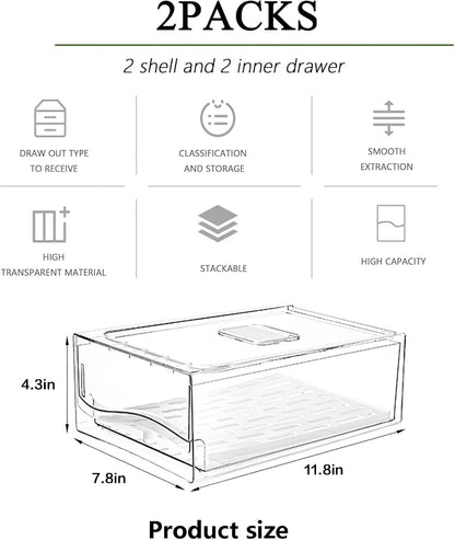 bealy 2 Pack Refrigerator Organizers and Storage, Stackable Clear Pull out Drawer Organizer Bins, BPA-Free Fridge Organizer and Storage for Fruit, Produce, Drink, Snack and Food Storage Containers