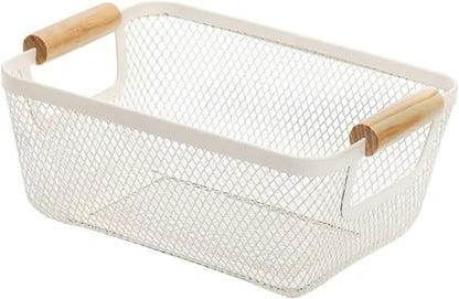 AJIODA Metal Mesh Steel Basket, Large Wire Storage Organizer Basket Multi-function Hanging Kitchen Baskets with Wood Handle for Kitchen Bathroom Picnic Home, Rectangle-Off White