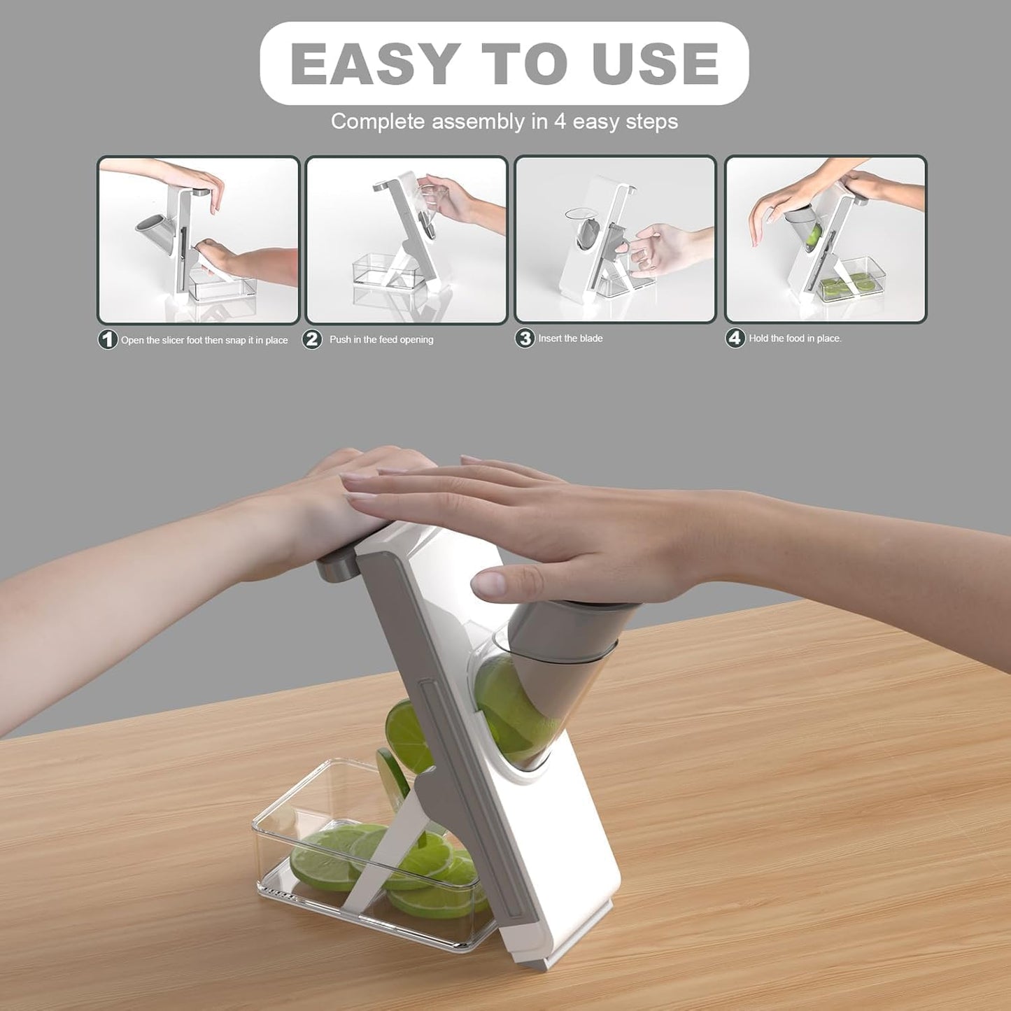 Eletronova Safe Mandoline Slicer for Kitchen, Vegetable Slicer with Container, French Fry Cutter, All in 1 Julienne Slicer for Potato, Thickness Adjustable, Detachable Blade (Gray)