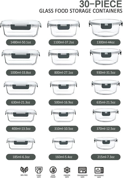 M MCIRCO 36 oz 2 Compartments Glass Meal Prep Containers set of 5 and 30Pcs Glass Food Storage Containers Set