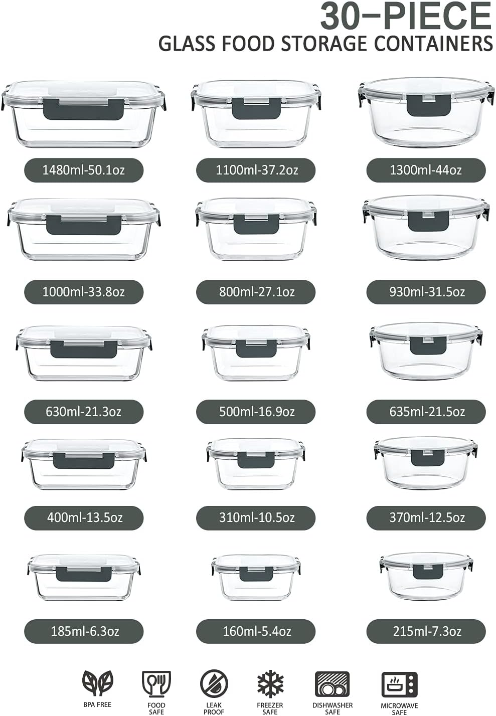 M MCIRCO 36 oz 3 Compartments Glass Meal Prep Containers set of 5 and 30Pcs Glass Food Storage Containers Set