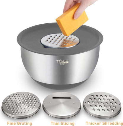Wildone Mixing Bowls with Airtight Lids Set, 5PCS Stainless Steel Khaki Nesting Bowls for Kitchen, with Grater Attachments & Non-Slip Bottoms, Size 5, 3, 2, 1.5, 0.63 QT, Great for Mixing & Serving