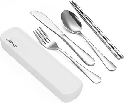 Travel Utensils with Case, Stainless Steel Camping Cutlery Set, Reinforced Case with Snap-Lock Closure, Include Fork Spoon Knife Chopsticks, Portable Lunch Box Silverware for Picnic Office, Black