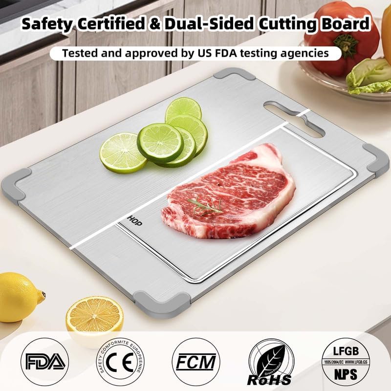 3PCS 100% Pure Titanium Cutting Boards for Kitchen, Food-Grade Metal Cutting Board for Meat, Fruit, and Veggies,Chopping Board with Anti-Slip Corner Protectors Removable, Dishwasher Safe Grey