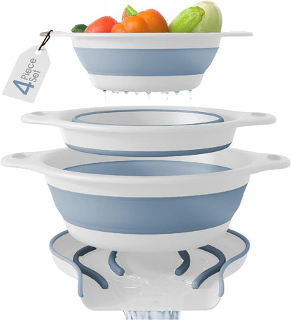 Gevoli 3-Pack Collapsible Colanders with Self-Draining Base, Over Sink-edge Silicone Food Strainers, Small/Med/Large Sizes, Nesting for Easy Compact Storage (3Qt, 4Qt, 5-Quart Set) Green/Gray