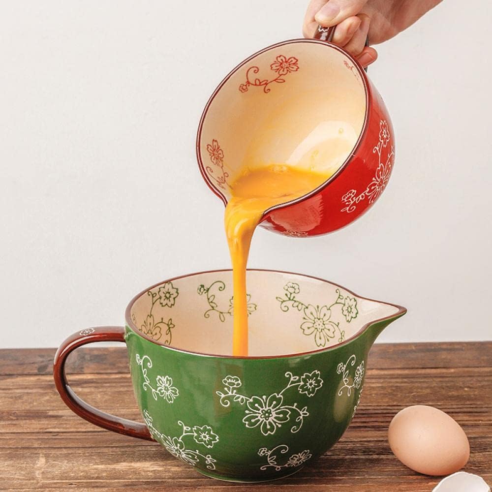 Gaolinci Cherry Blossom Pattern Kitchen Ceramic Mixing Bowl, 1 Quart Large Bowl, with Pouring Spout and Handle