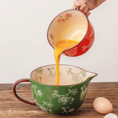 Gaolinci Cherry Blossom Pattern Kitchen Ceramic Mixing Bowl, 1 Quart Large Bowl, with Pouring Spout and Handle