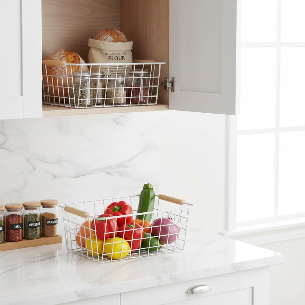 Metal White Wire Basket,Food Storage Organizer with Wooden Handles, pantry organizers and storage for Organizing Kitchen Cabinets potato onion, 2 Packs