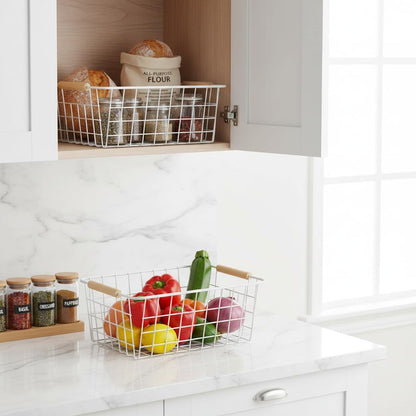 Metal White Wire Basket,Food Storage Organizer with Wooden Handles, pantry organizers and storage for Organizing Kitchen Cabinets potato onion, 2 Packs