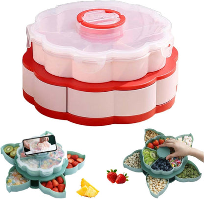 Divided Serving Tray that Spins - Perfect for Snacks, Dips & Party Appetizers, Rotating Snack Box Container with Lid,Double-Layer Lazy Susans Organizer Veggie Fruit Tray for Kitchen,Travel and Picnic