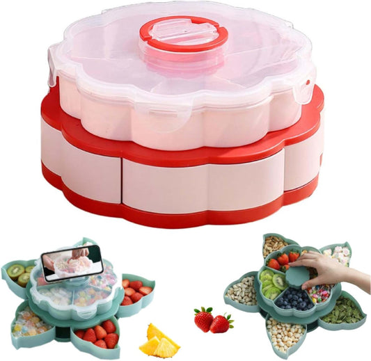 Divided Serving Tray that Spins - Perfect for Snacks, Dips & Party Appetizers, Rotating Snack Box Container with Lid,Double-Layer Lazy Susans Organizer Veggie Fruit Tray for Kitchen,Travel and Picnic