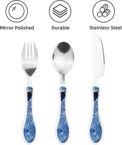3-Piece Kids Silverware Set With Storage Case, Stainless Steel Reusable Children Safe Knife Spoon Fork Set Blue Lotus Floral Children Flatware Set For Kids Lunch Box