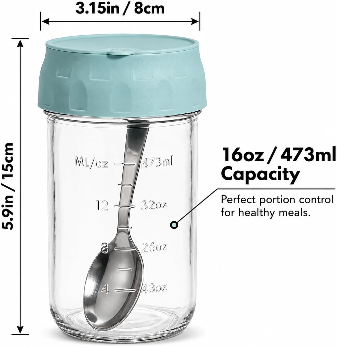 Overnight Oats Containers with Lids, 4 Pack 16 Oz Glass Mason Jars - Leakproof Meal Prep Jars, Separate Compartment, Folding Spoon, Yogurt Parfait Cups, Stackable, BPA Free