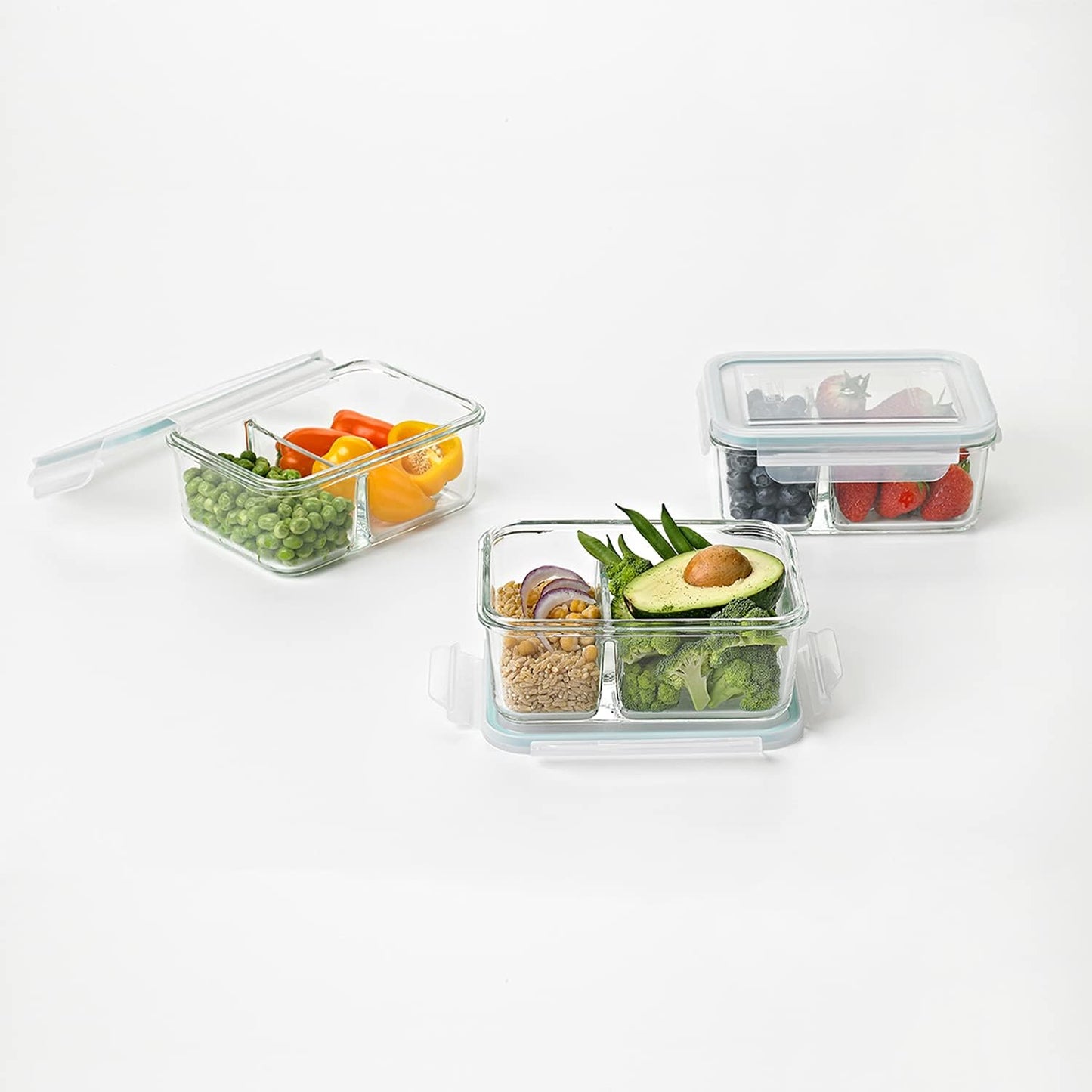 Glasslock Duo 3 Piece Clear Tempered Glass Microwave, Dishwasher, Freezer, Divided Food Storage Containers with Snap Lock BPA Free Plastic Lids