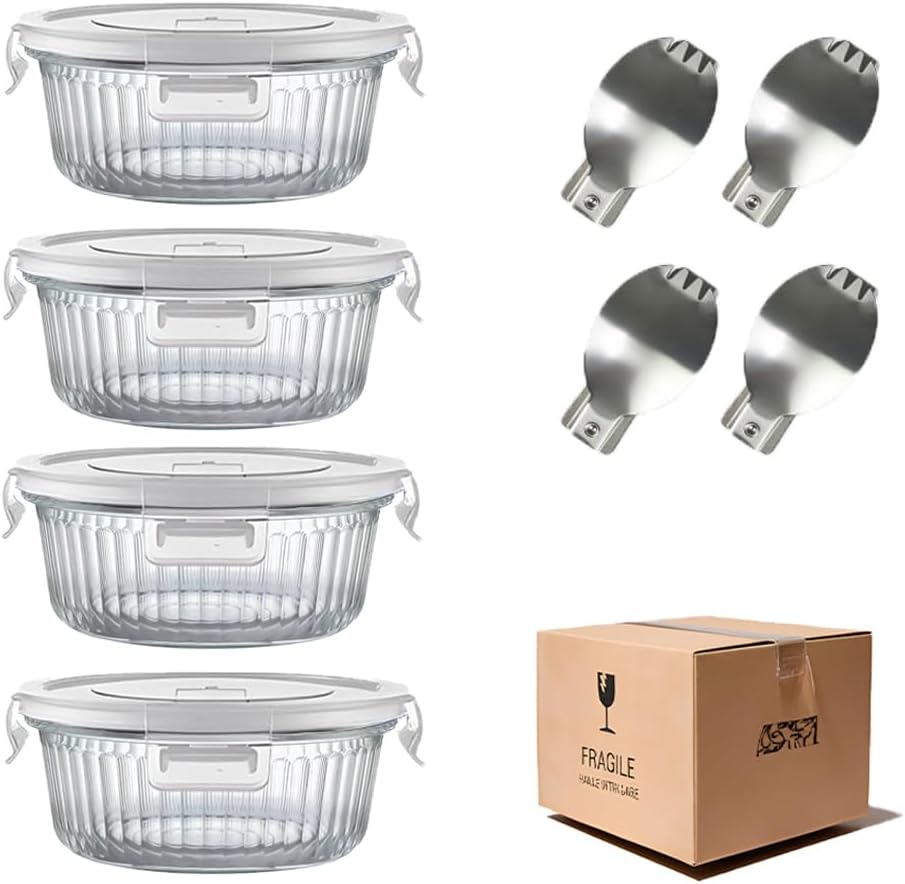 H.JSS WDJS 3Cup Round Glass Food Storage Containers with Airtight lids, 23oz Glass Meal Prep Containers, Heat-Resistant BPA-Free for Soup Leftover, Microwave, Dishwasher and Fridge Safe (white-4Pack)