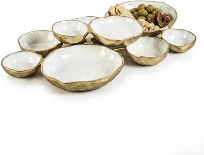 9 Cluster Decorative Bowls Bright Gold Brass Snack Tray Bowl Chip & Dip Serving Piece Strong Brass Centerpiece Beautiful Room Accent & Entertaining Parties Home Decor Wedding Gifts 22 Inch Decorative