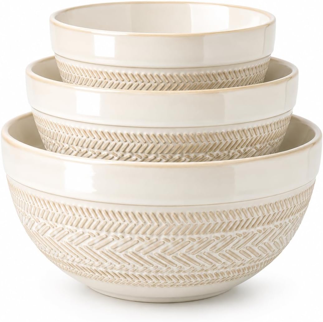 Ceramic Mixing Bowls Set of 3, Large Nesting Serving Bowls
