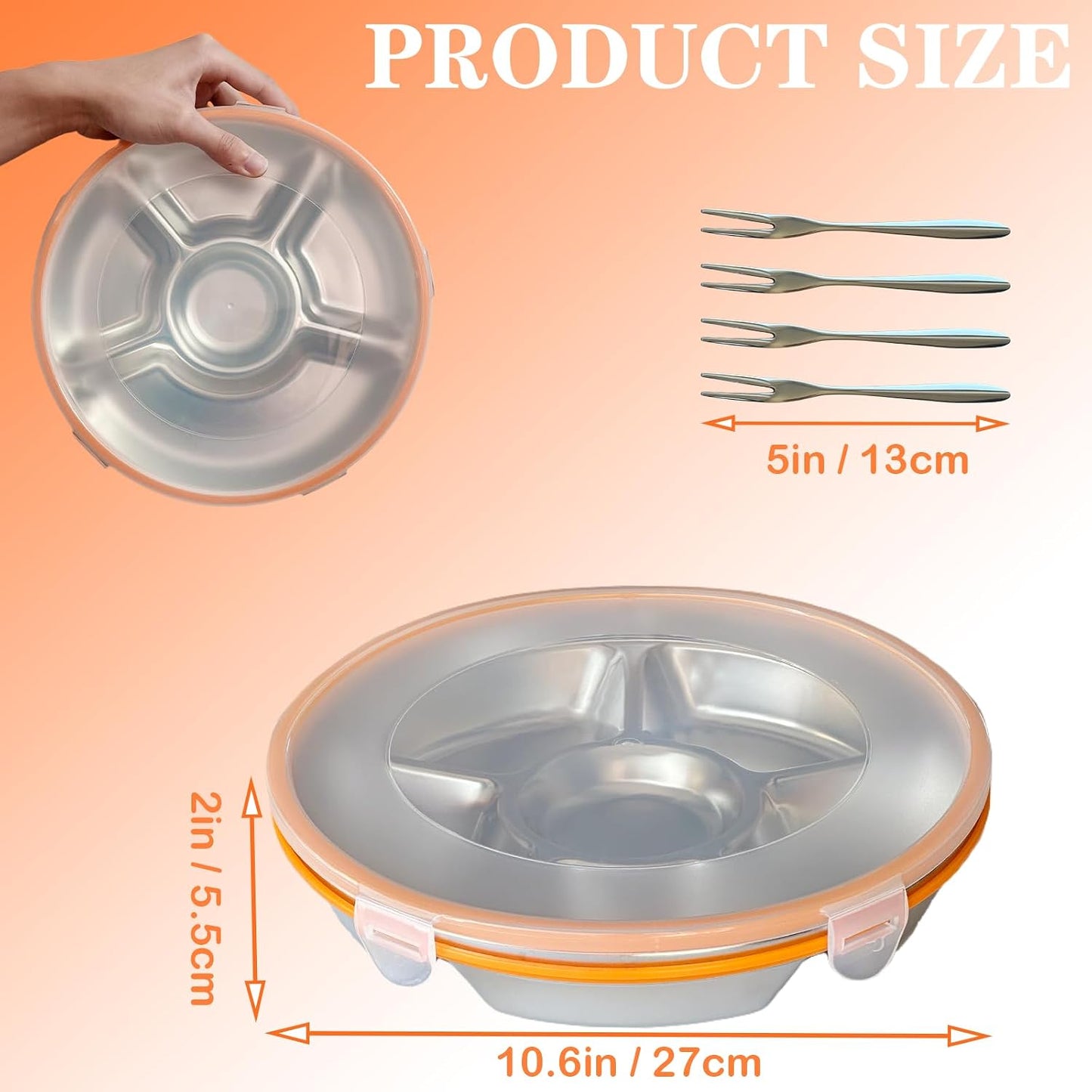 Divided Serving Tray with Lid, Veggie Tray with Lid Stainless Steel 6 Compartments Vegetable and 4 Forks Set for Party Platter, Vegetable Relish Fruit Tray, Snackle Box