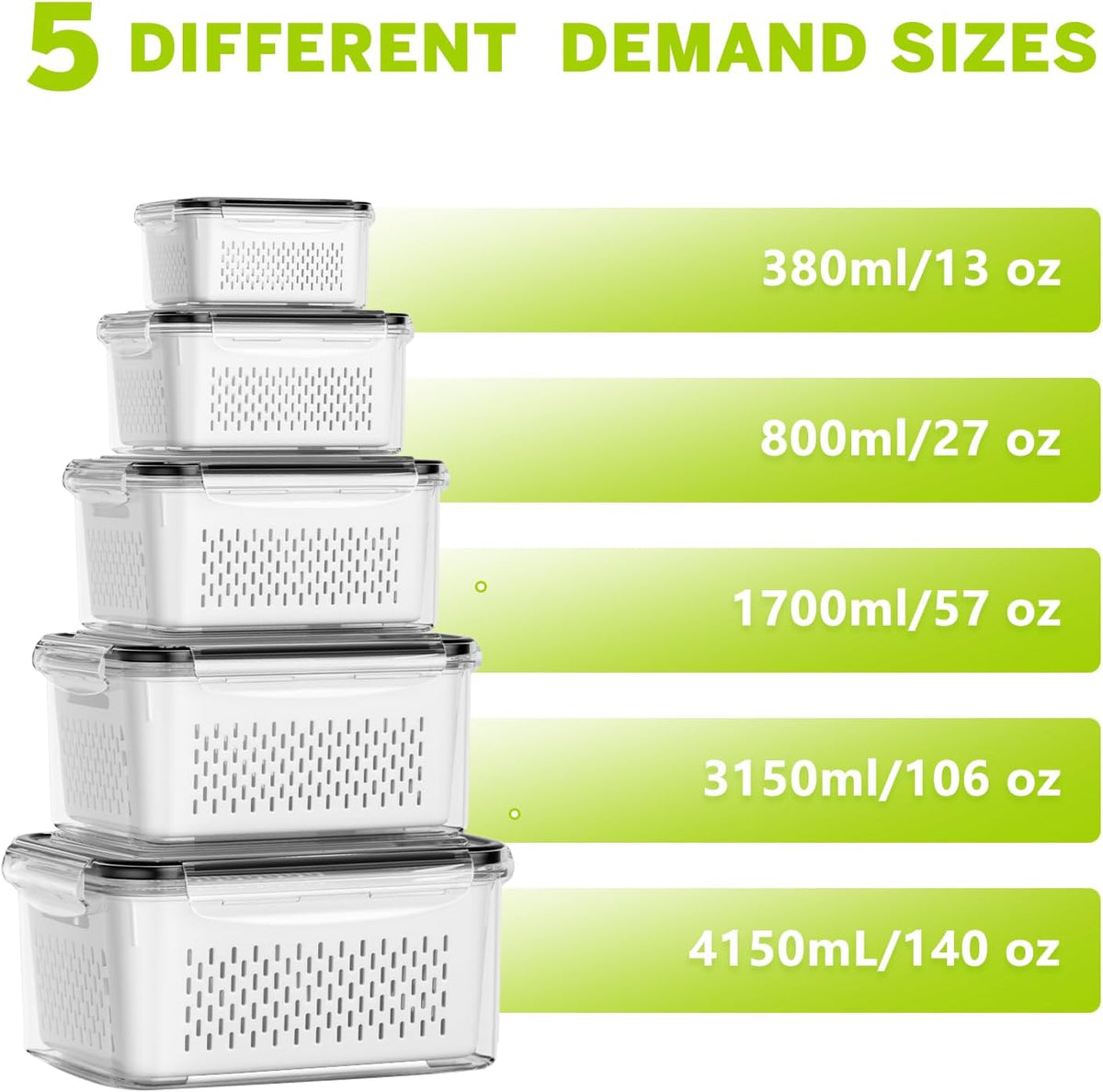 HOMETALL 5 Pack Fruit Storage Containers for Fridge, Plastic Fruit Containers for Fridge with Removable Colanders, Leakproof Fridge Organizers and Storage for Berry Vegetable Salad Lettuce Meat Food