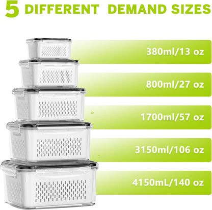 HOMETALL 5 Pack Fruit Storage Containers for Fridge, Plastic Fruit Containers for Fridge with Removable Colanders, Leakproof Fridge Organizers and Storage for Berry Vegetable Salad Lettuce Meat Food