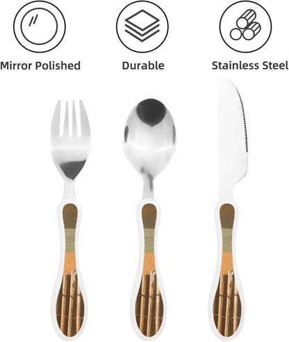3-Piece Kids Silverware Set With Storage Case, Stainless Steel Reusable Children Safe Knife Spoon Fork Set Blue Active Girl Running Sunset Children Flatware Set For Kids Lunch Box - Colors C