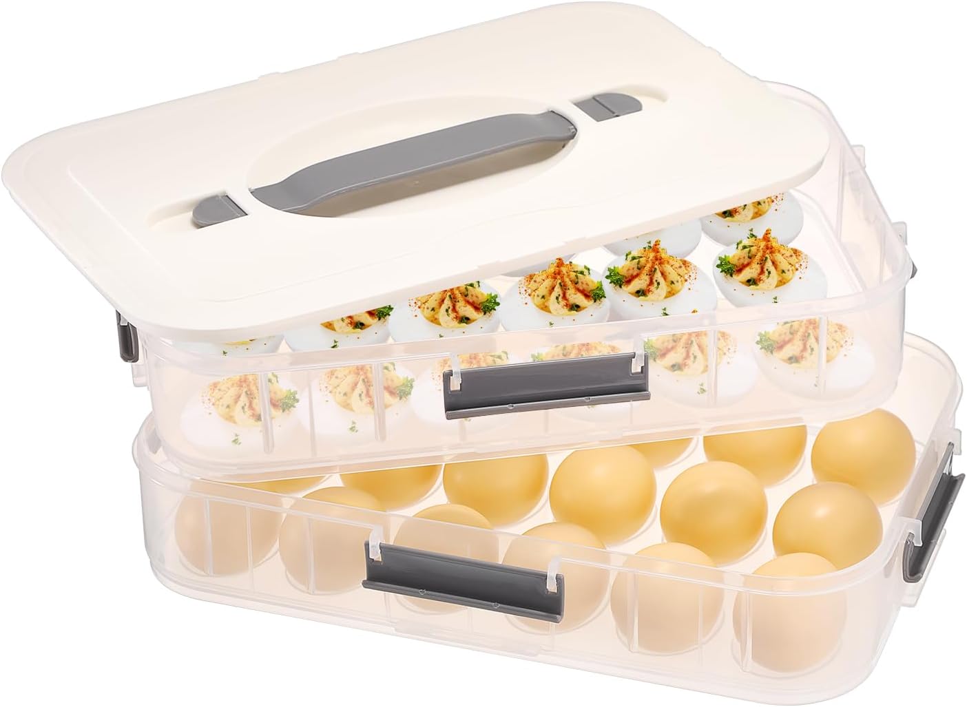 BTSKY Deviled Egg Platter with Lid, 3-Layer 54 Slots Deviled Eggs Carrier, Clear Portable Egg Holder for Fridge Reusable Deviled Eggs Tray Carton Box for Easter and Party Favor (3-Layer, Orange)
