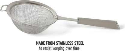 Calphalon Prime Edge 5-Inch Stainless Steel Strainer, Fine Mesh Kitchen Colander Strainer with Thermoplastic Rubber Handle, Sifter for Rinsing, Draining & Straining Food, Navy