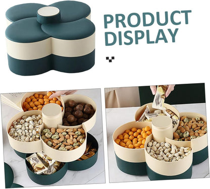 SMASOLO Double Layer Rotating Snack Storage Tray with Lid Divided Candy and Nut Organizer for Home Office and Party Use Green