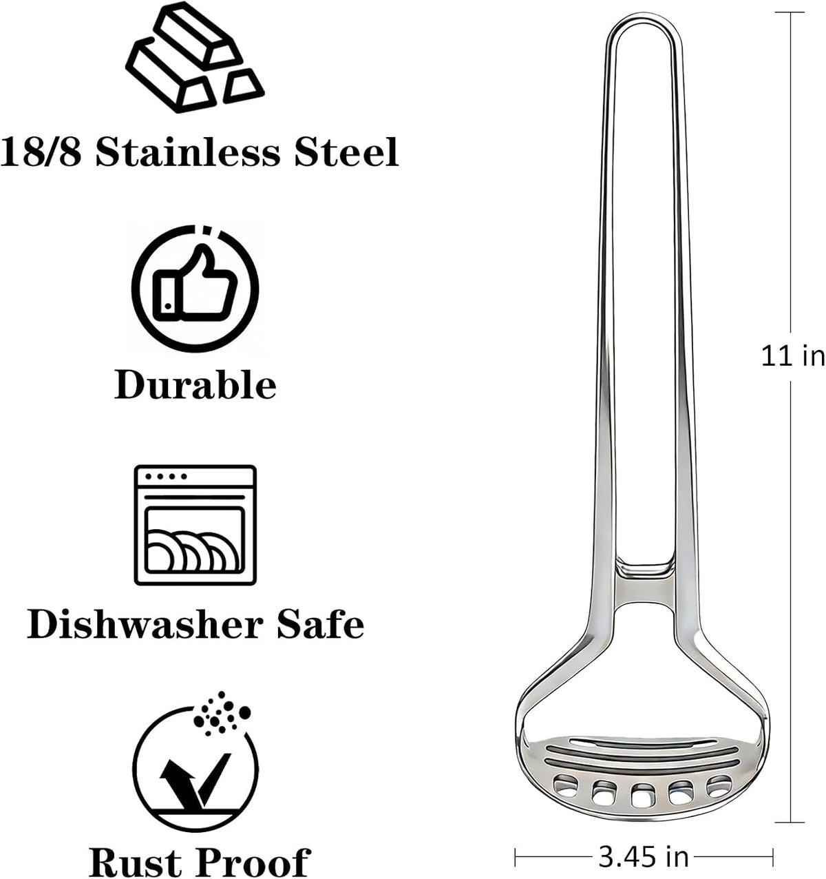 Heavy Duty One-Piece Potato Masher - Solid Stainless Steel, No Seams Never Breaks - Effortless Mashing for Potatoes, Beans, Avocados - Dishwasher Safe & Rustproof, 11-Inch Kitchen Heirloom